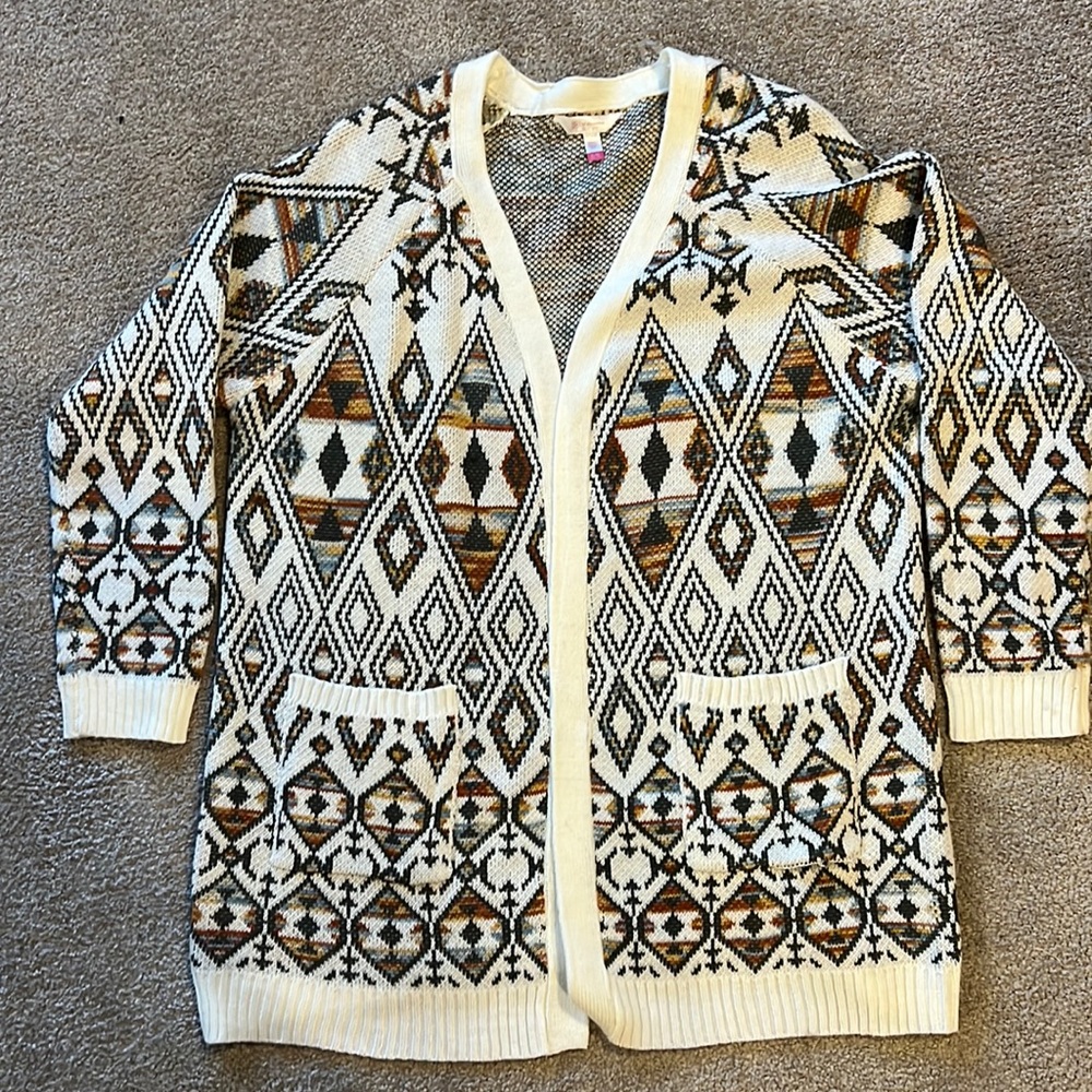 Southwestern inspired cardigan knit sweater.